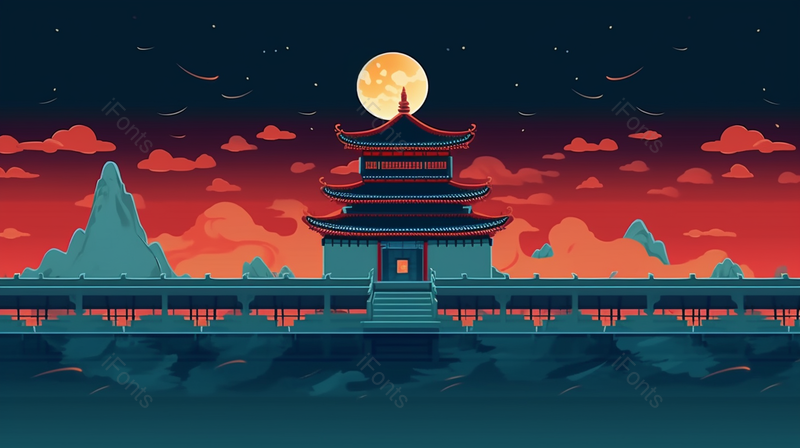 国潮风故宫建筑夜晚红色的夜空圆月城楼城墙古风插画,插画/手绘图,插画/手绘图库,插画/手绘图下载,插画/手绘